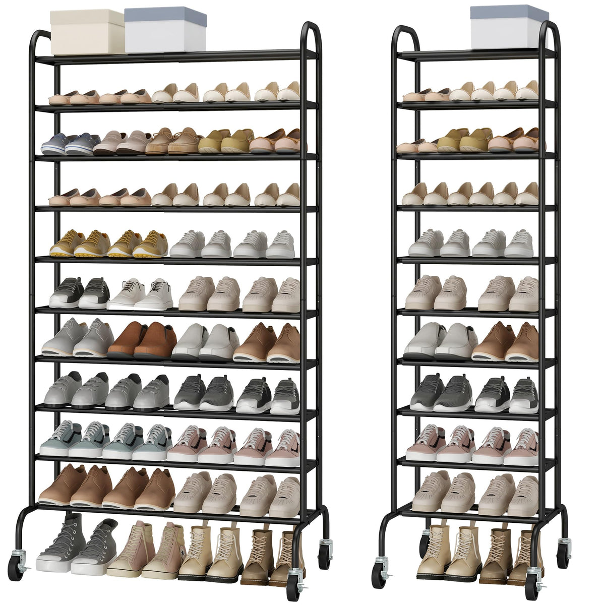 10 Tier Tall Expandable Shoe Rack, Holds 44 Pairs, Black Metal
