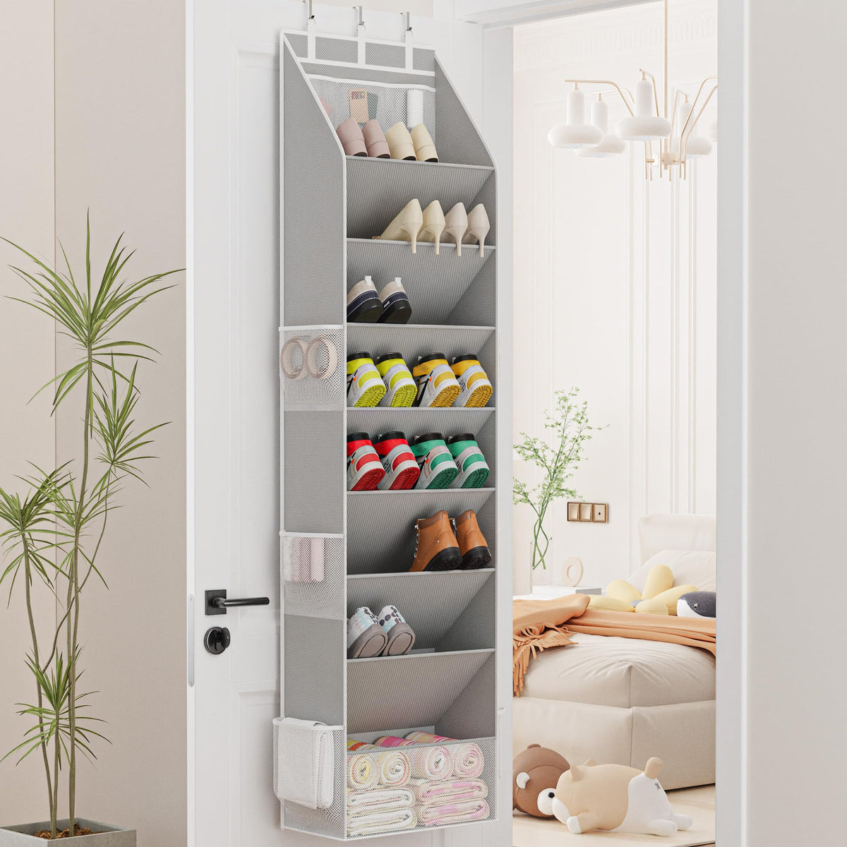 Gray Hanging Shoe Organizer for Doors, 8 Tiers, Holds 16 to 24 Pairs