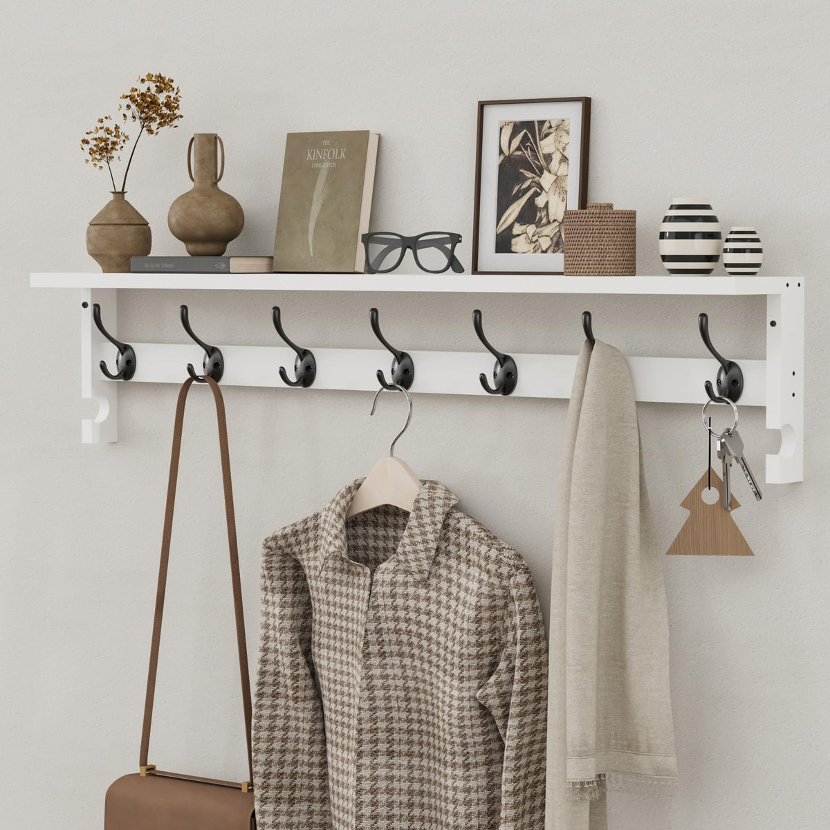 White Wall Coat Rack with Shelf, 35 Inch, 7 Dual Hooks Plus 2 Side