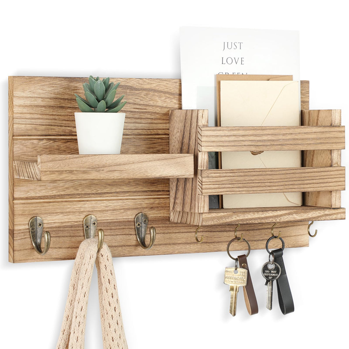 Wood Mail Organizer and Key Holder with Shelf, 3 Coat Hooks, 4 Key Hooks