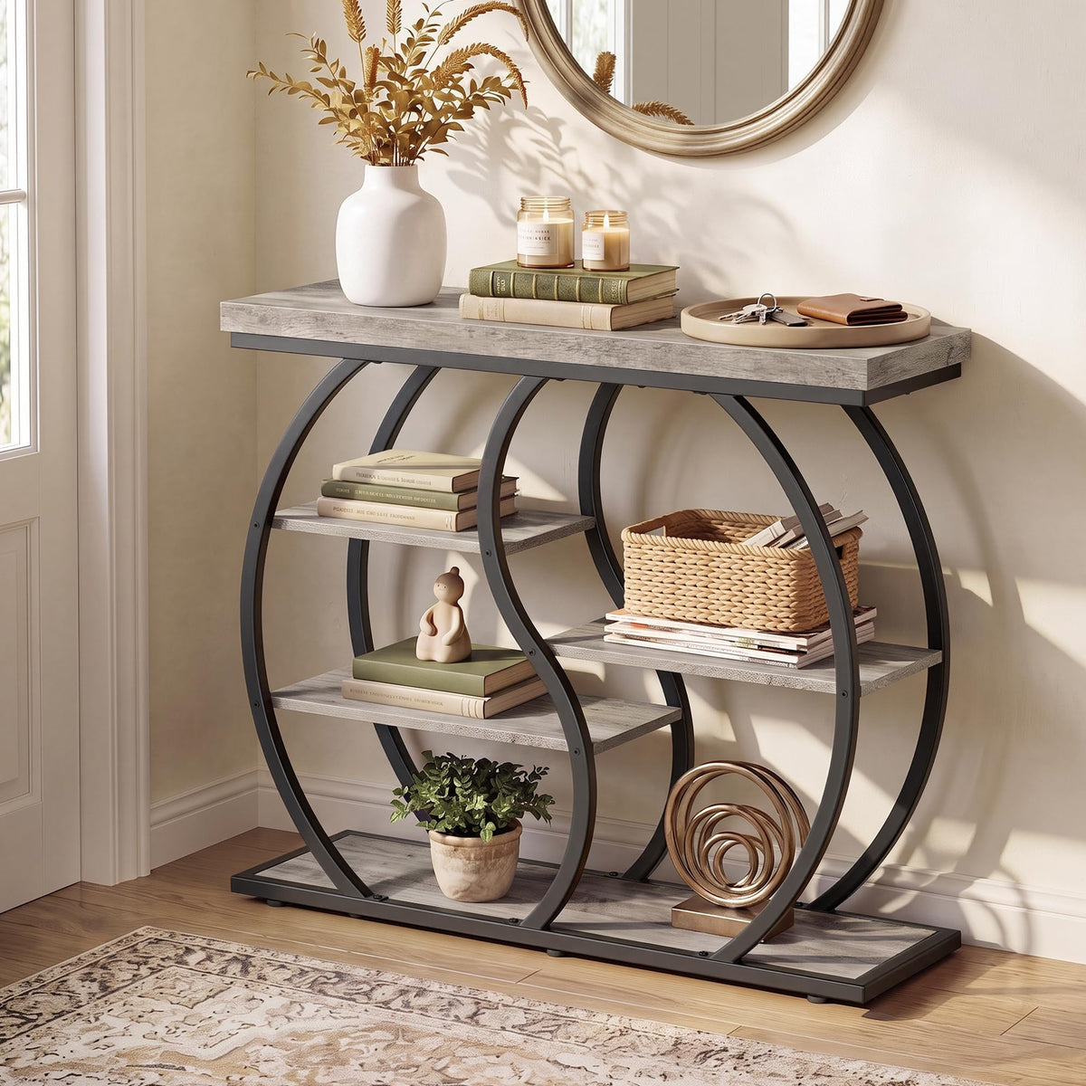 Curved 5 Tier Entryway Table, 39.4 Inch, Greige and Black