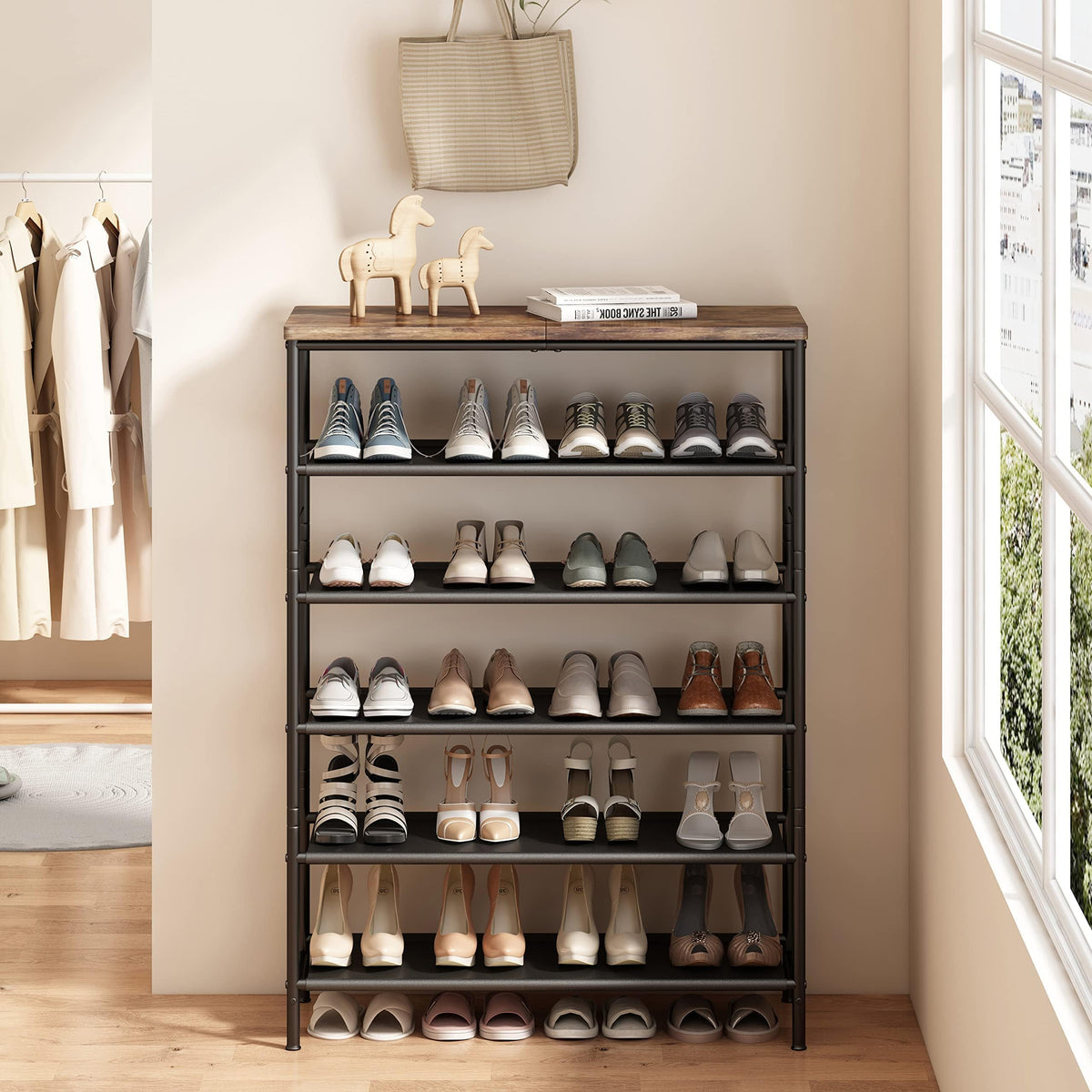 6 Tier Metal Shoe Rack with Wood Top, Black and Rustic Brown