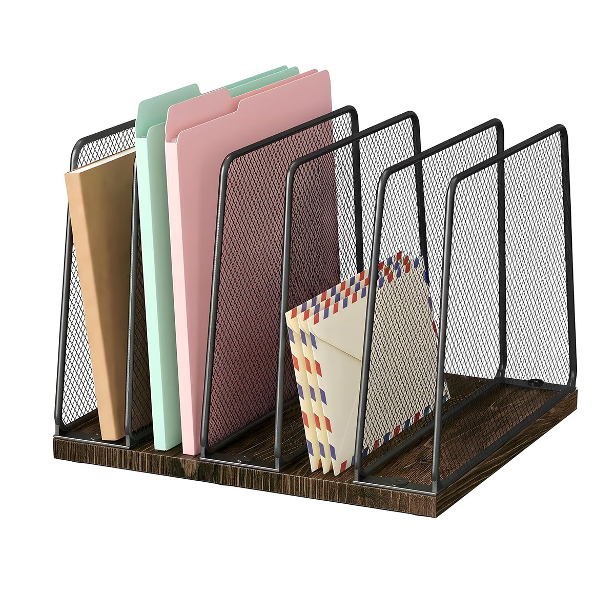 Wood and Black Desktop File Holder, 5 Upright Slots for Mail and Folders