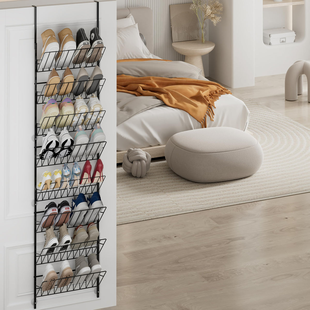 Black Over the Door Shoe Rack, 8 Tier Metal, 74 Inch Tall