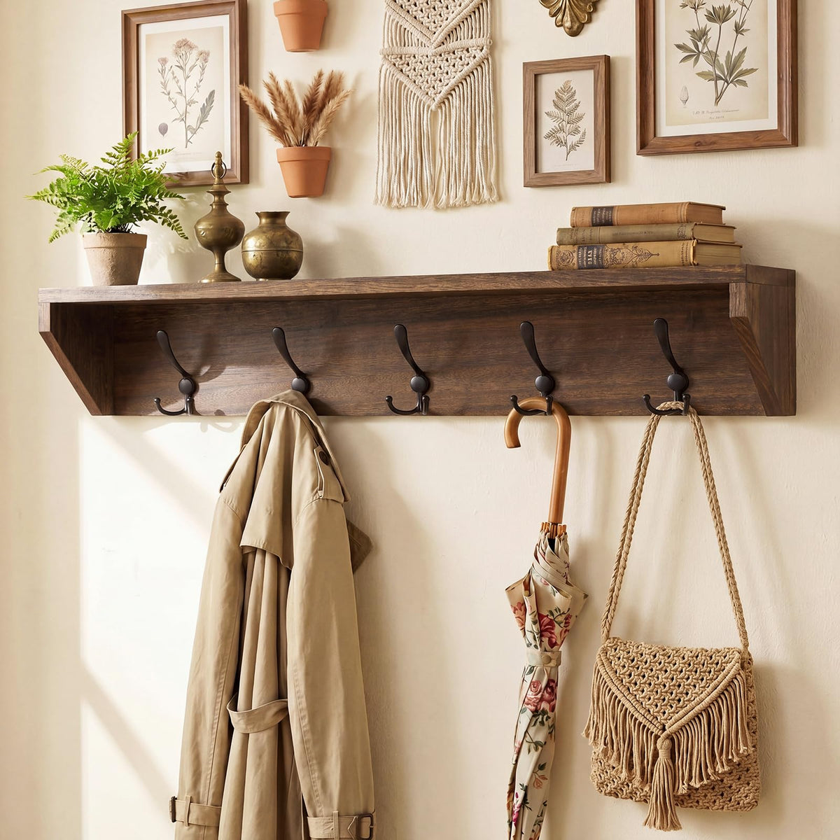 Wall Shelf with 5 Triple Hooks, 29 Inch, Brown Wood and Metal