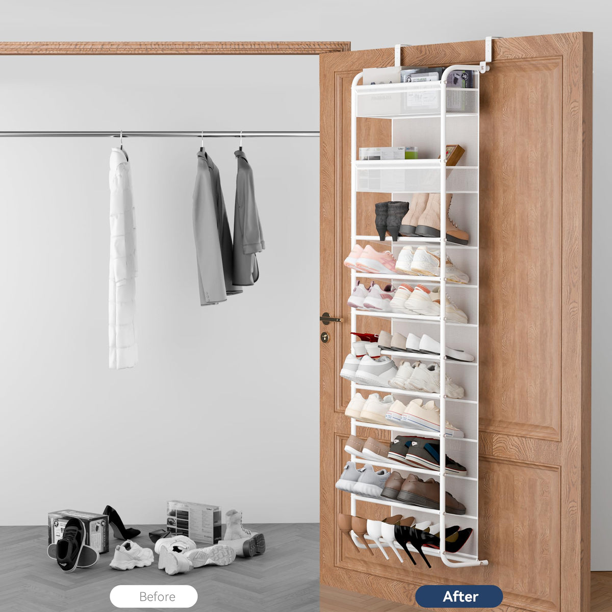 11 Tier Over Door Shoe Rack, Metal and Mesh, Holds 27 Pairs, White