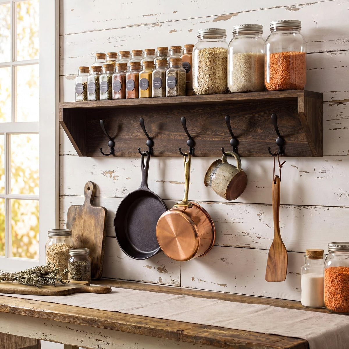 Wall Shelf with 5 Triple Hooks, 29 Inch, Brown Wood and Metal
