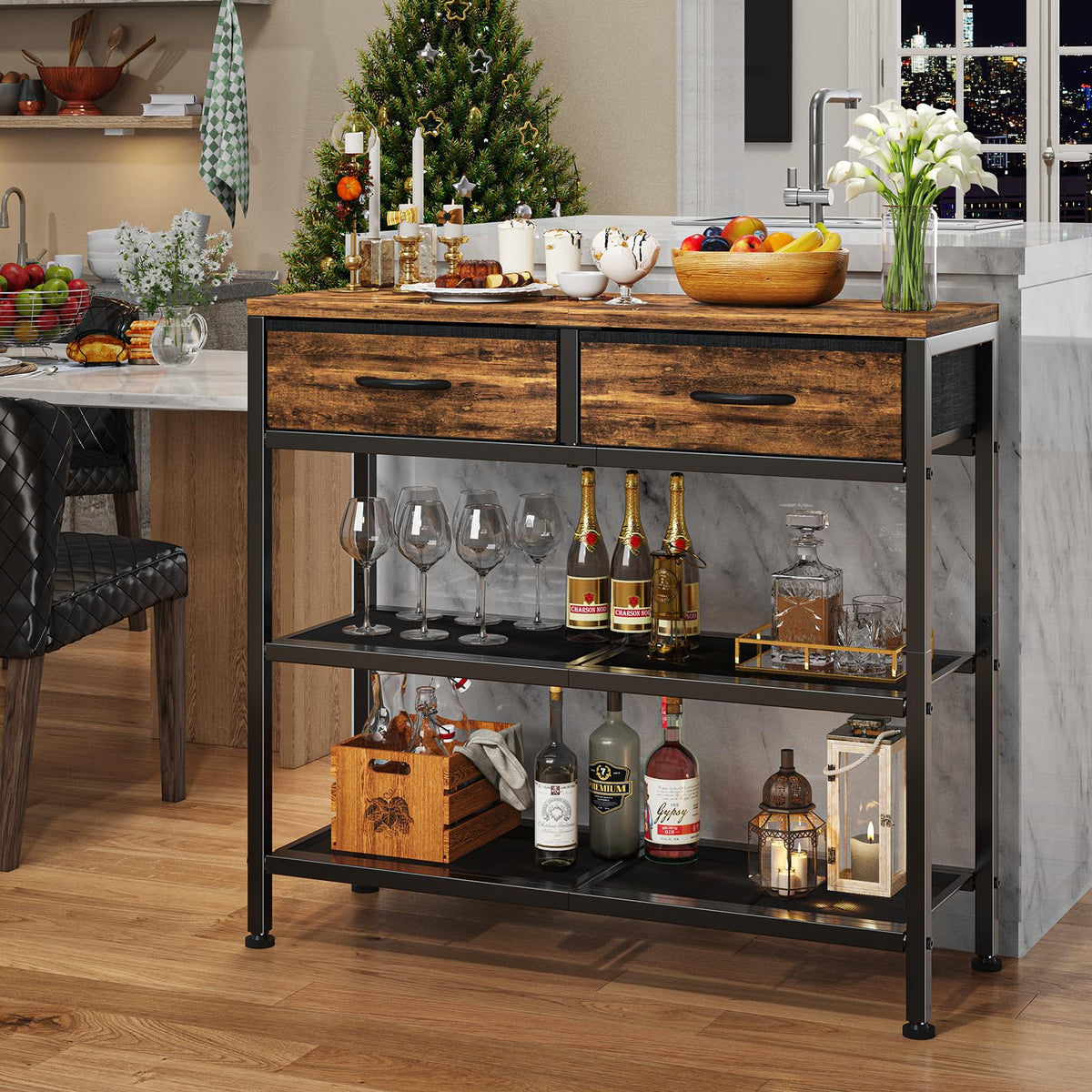 Narrow Console Table with 2 Fabric Drawers, 32 Inch, Rustic Brown