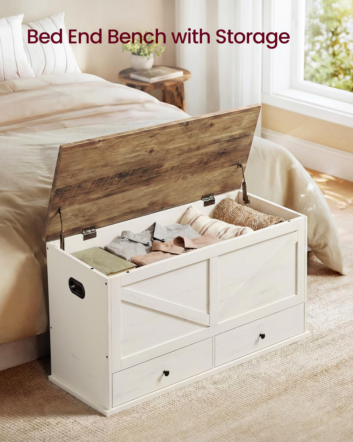 Storage Chest Bench with 2 Fabric Drawers, Rustic White and Honey Brown
