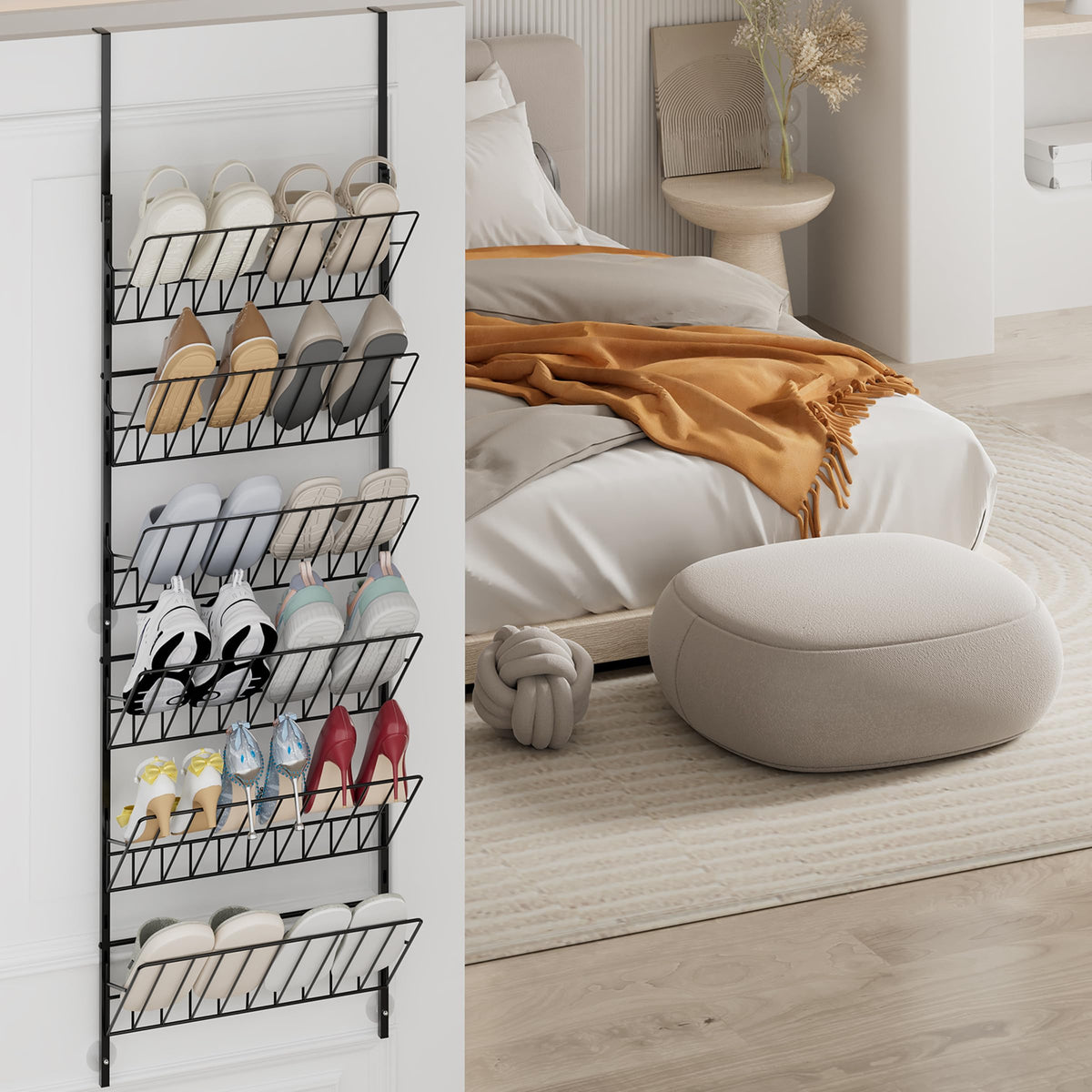 Black Metal Door Shoe Organizer, 6 Tier Adjustable Hanging Rack