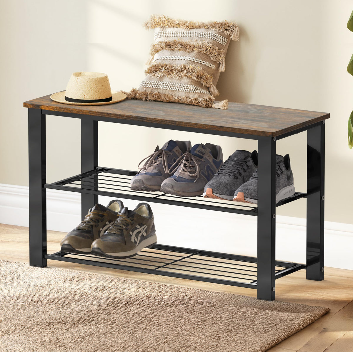 Shoe Rack Bench with Wooden Top for Entryway, Shoe Storage Seat, Rustic Brown