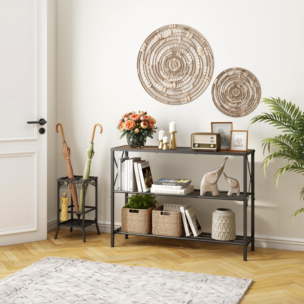 3 Tier Industrial Console Table, Rustic Brown and Black, 42 Inch