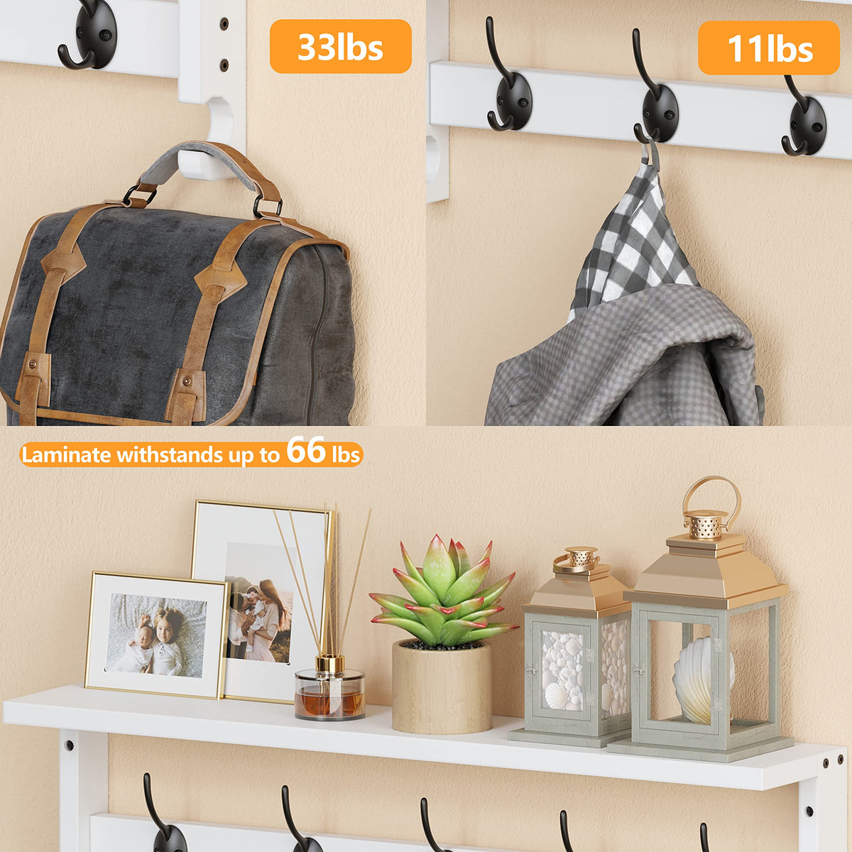 White Wall Coat Hooks with Shelf, 28.9 Inch, 5 Hooks