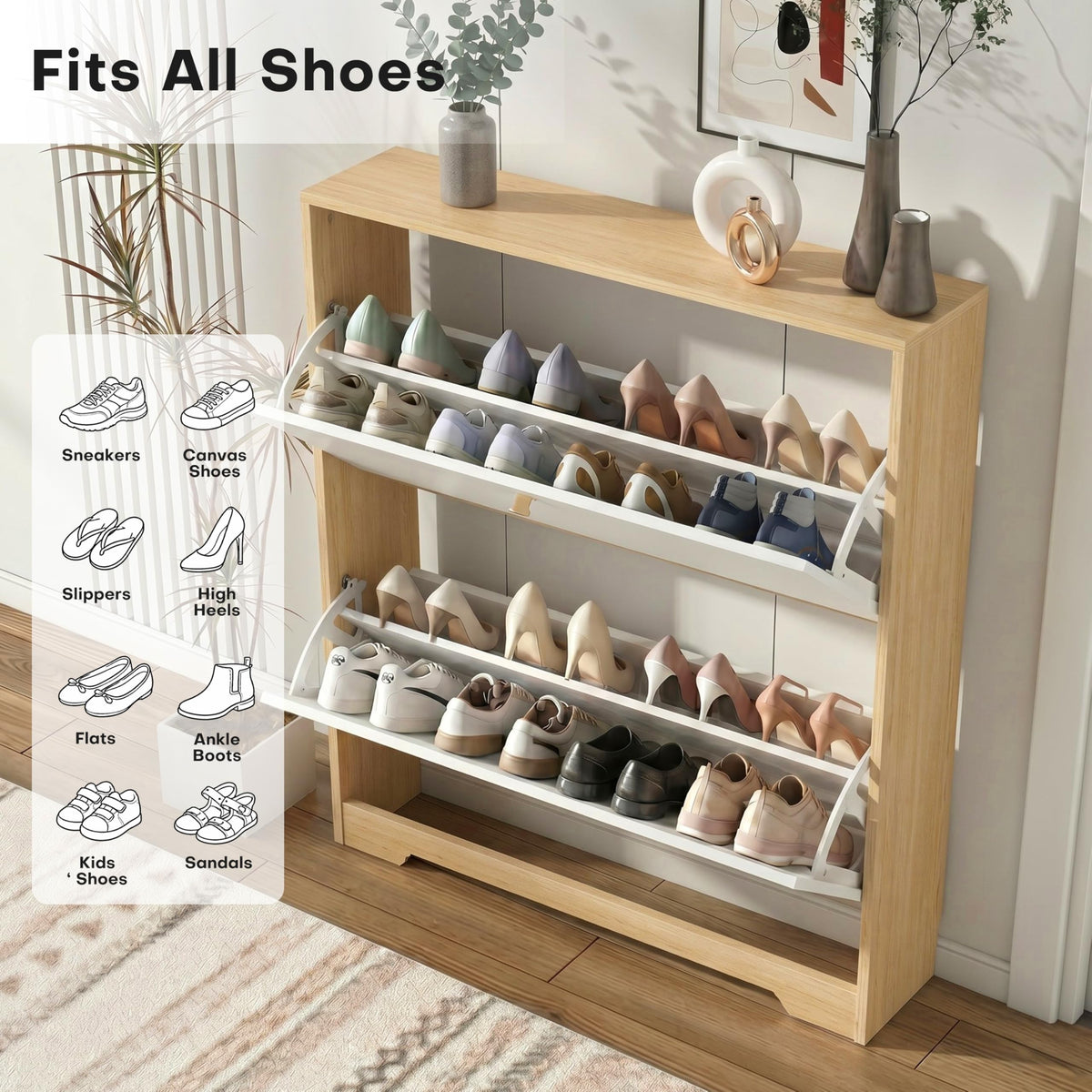 Two-Tone Shoe Storage Cabinet, 2 Flip Drawers, Oak and White