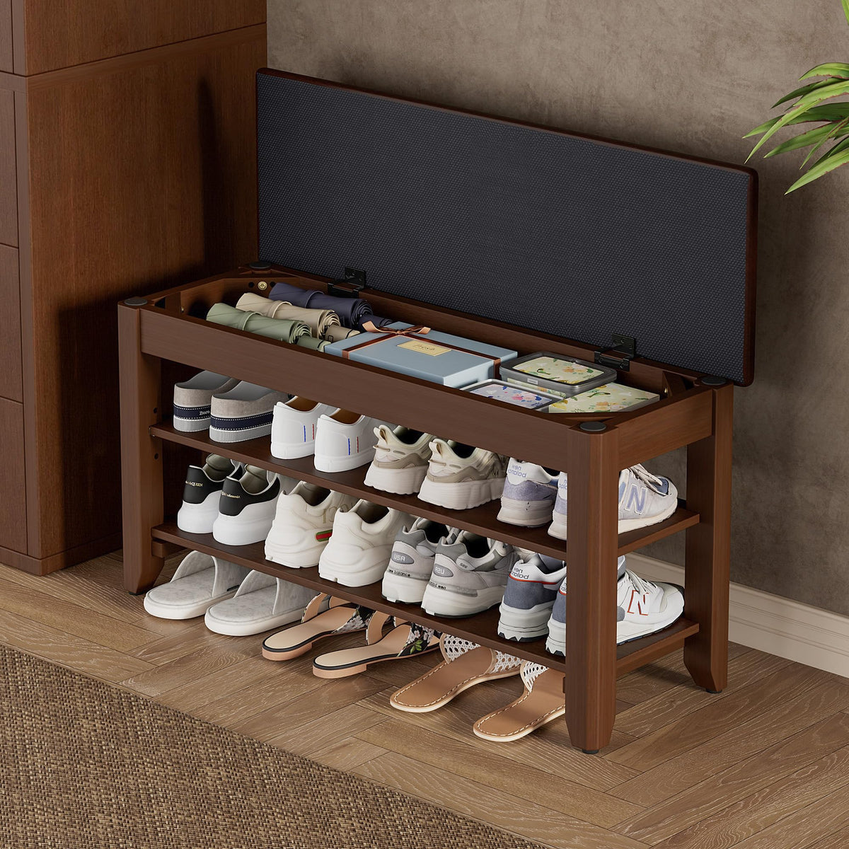 Solid Wood Shoe Bench with Flip Top Storage, Walnut, 31.5 Inch