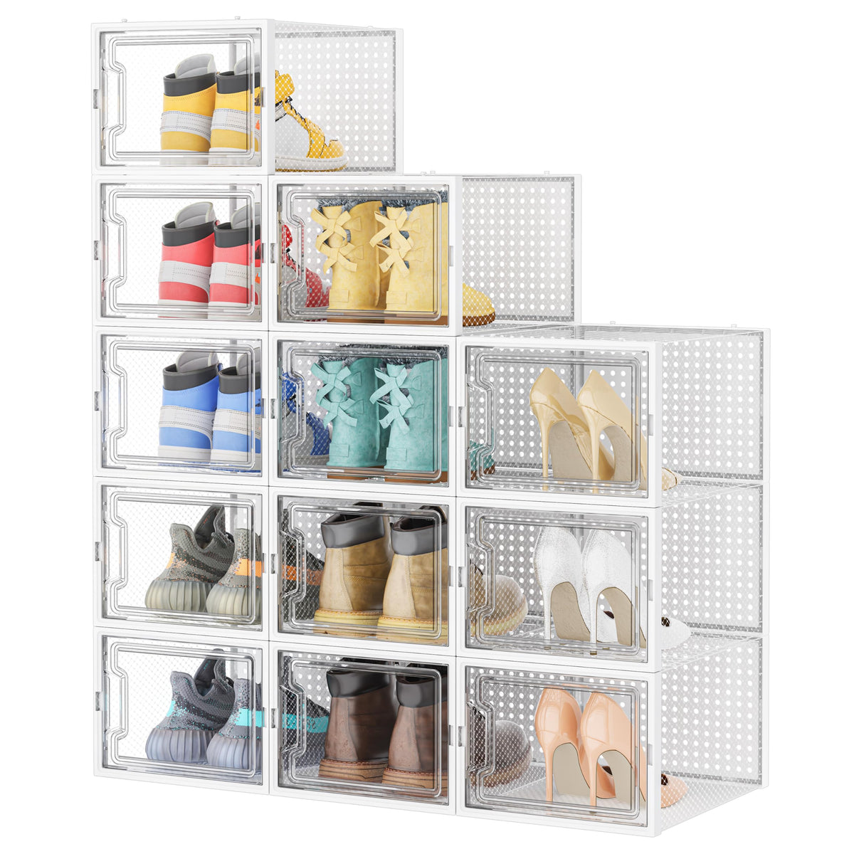 Clear Stackable Shoe Boxes, XL, 12 Pack, White Plastic