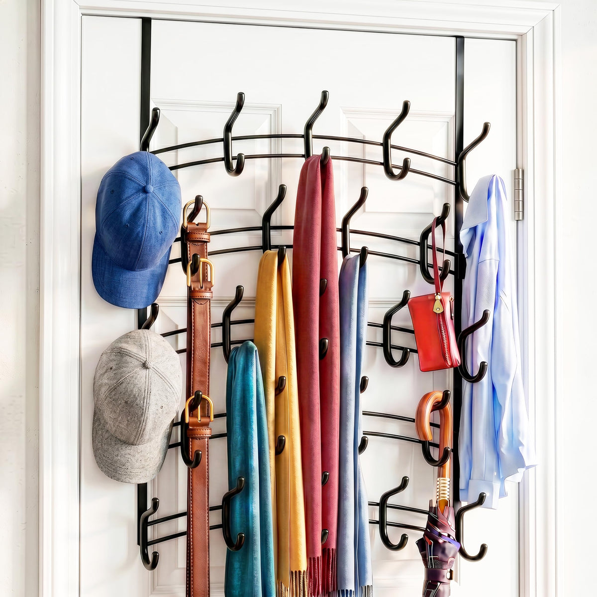 5 Tier Over the Door Hook Rack with 46 Hooks, Black Steel