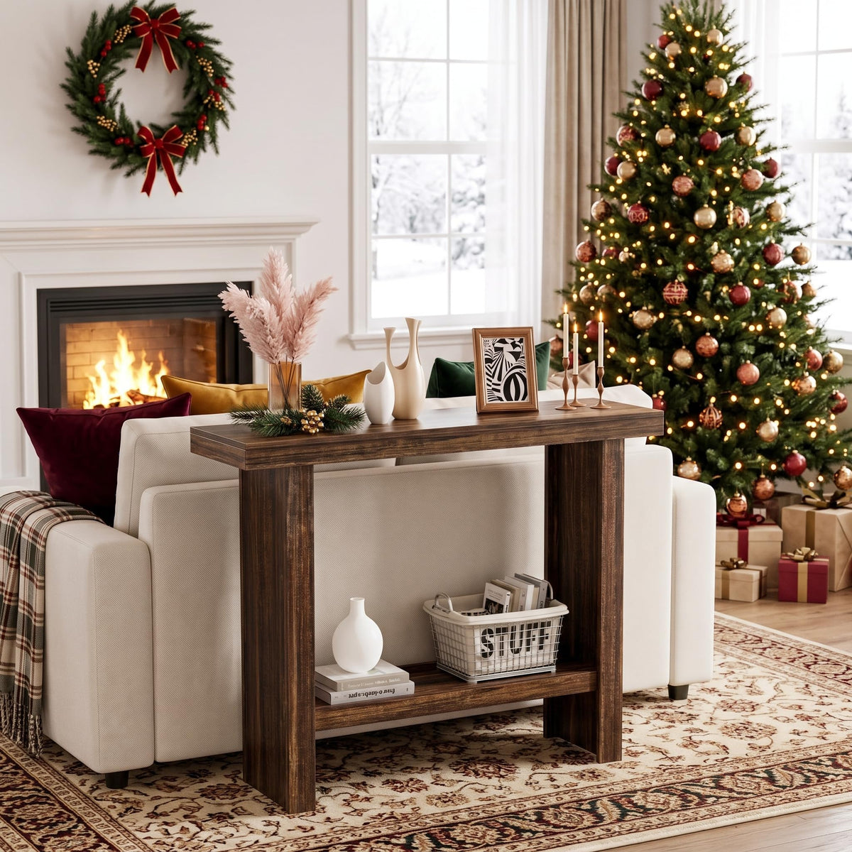 Farmhouse Narrow Console Table, 39.3 Inch, Rustic Brown
