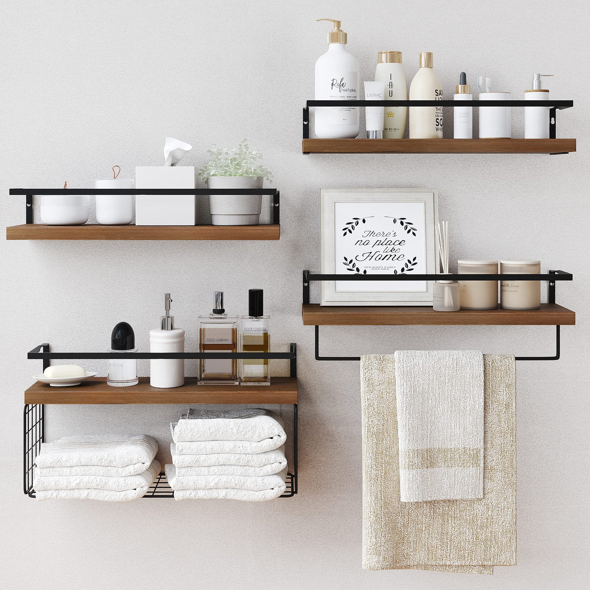 Dark Brown Bathroom Wall Shelf Set of 4 with Wire Basket and Towel Bar