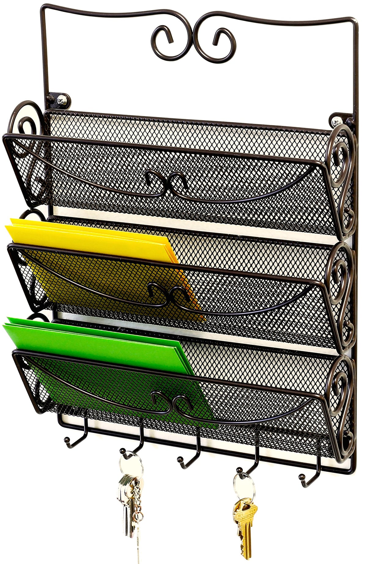 Bronze Wall Mail Sorter with 5 Key Hooks, 3 Slot Metal Organizer