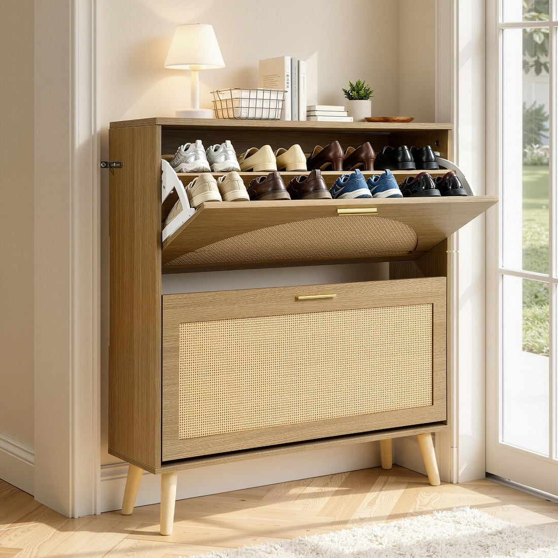 Shoe rack vs shoe cabinet - slim rattan shoe cabinet with flip drawers