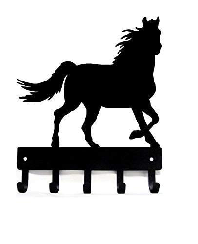 Horse Design Wall Key Rack, 5 Hooks, 9 x 10 Inch Black Steel