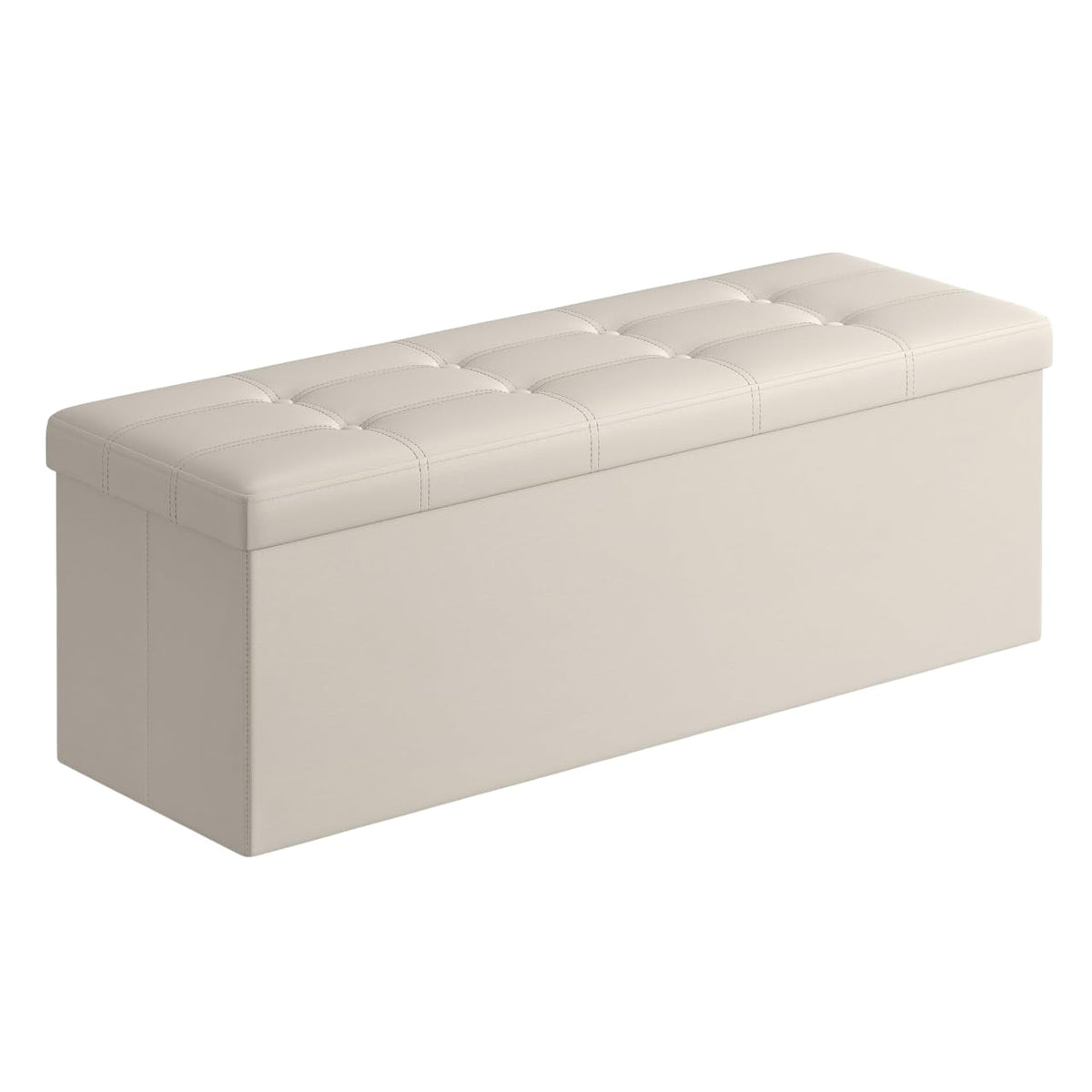 Folding Storage Ottoman Bench, 43.3 Inch, Cream White Padded Seat