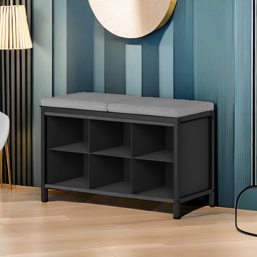 Metal Shoe Bench with 6 Fabric Cubbies and Padded Seat, Black and Gray