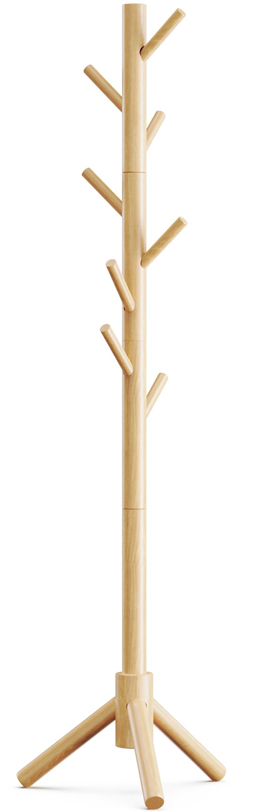 Solid Wood Standing Coat Rack with 8 Hooks, Height Adjustable, Natural
