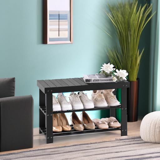 Bamboo Shoe Bench, 3 Tier Entryway Shoe Rack, 27.6 Inch, Black