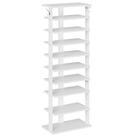 10 Tier Narrow Shoe Tower with Side Hooks, White Wood, Holds 20 Pairs