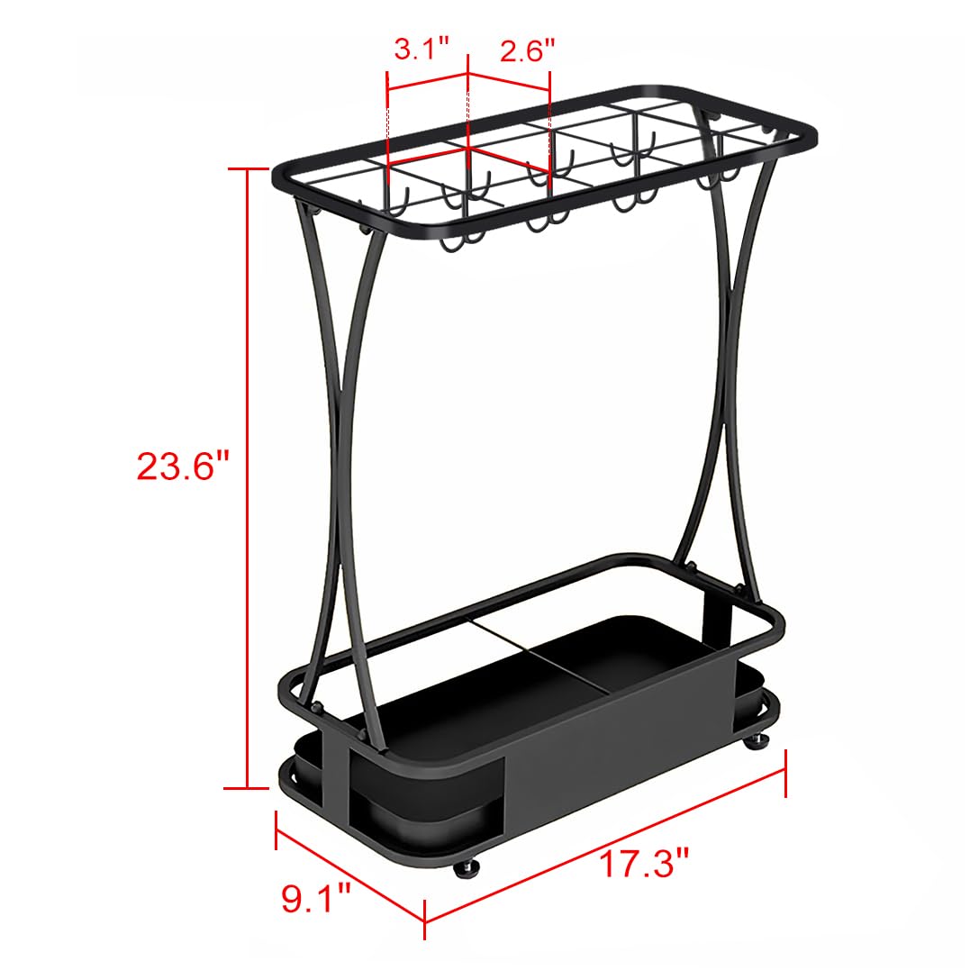 Black Iron Umbrella Rack, 15 Slots and 16 Hooks, Holds About 31