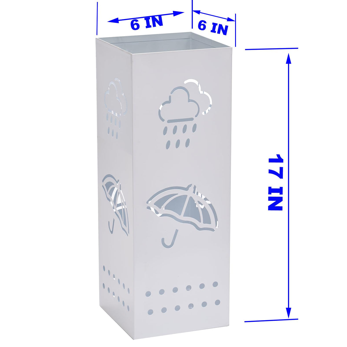 White Square Metal Umbrella Holder, 6 x 6 x 17 Inch, Cut-Out Design