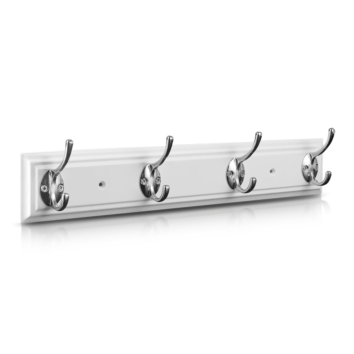White Wood Wall Coat Rack, 17 Inch, 4 Metal Hooks