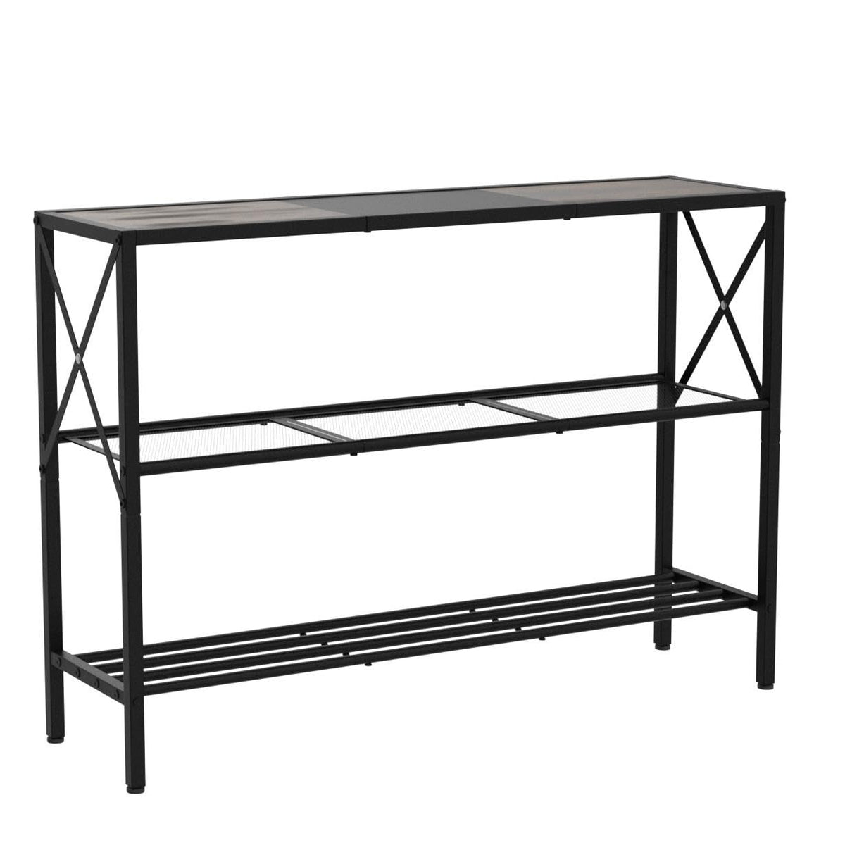 3 Tier Industrial Console Table, Rustic Brown and Black, 42 Inch