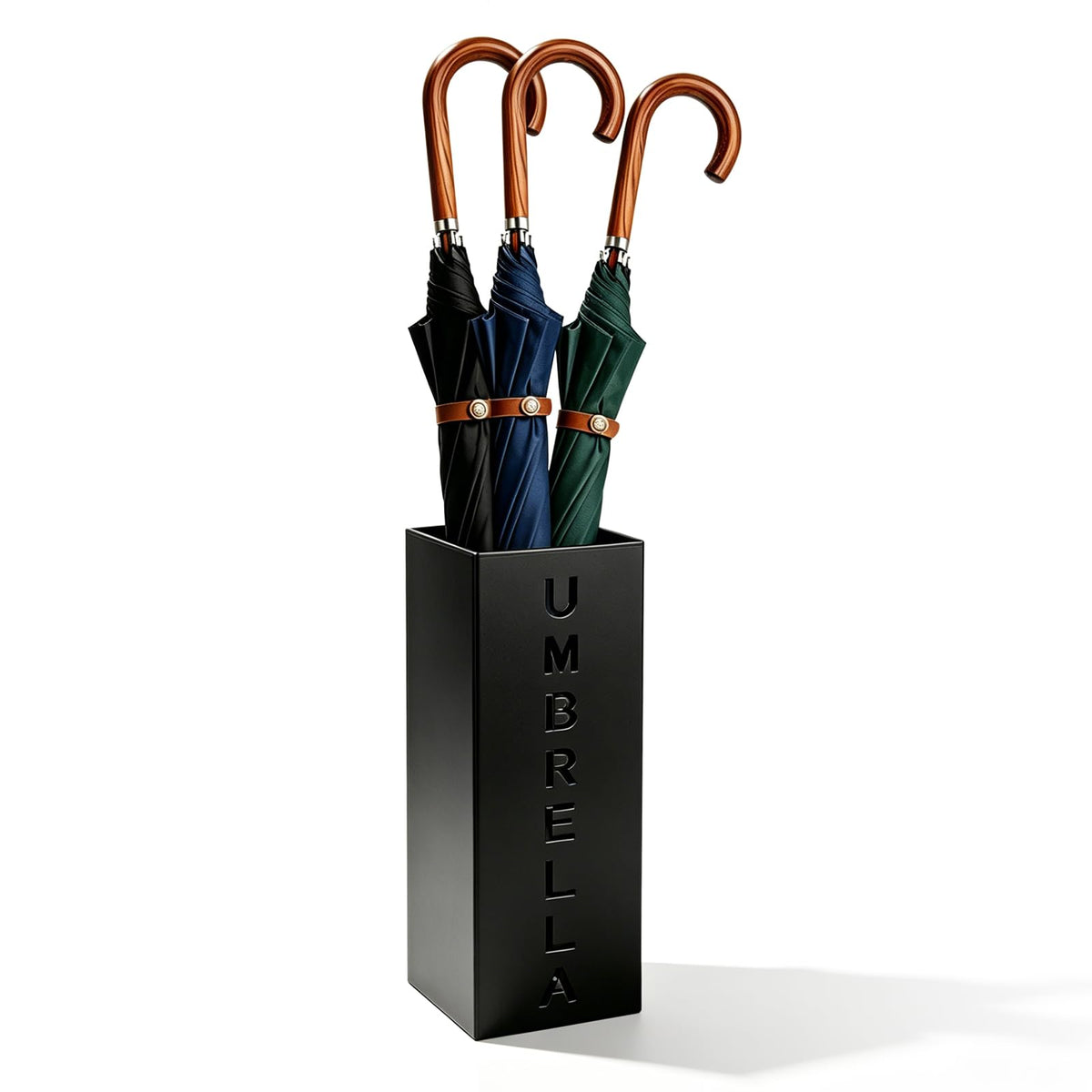 Square Black Metal Umbrella Stand with Letter Cutouts, 16.3 Inch