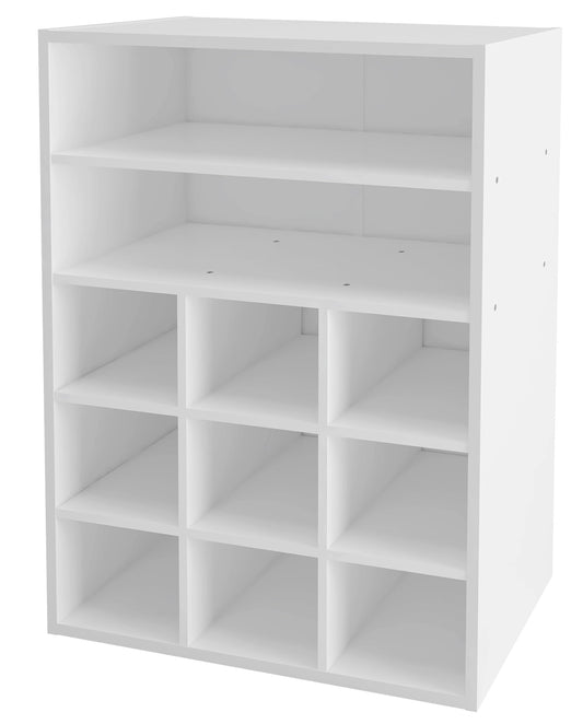 9 Cube Shoe Cubby with 2 Shelves, 23.6 Inch, White Wood