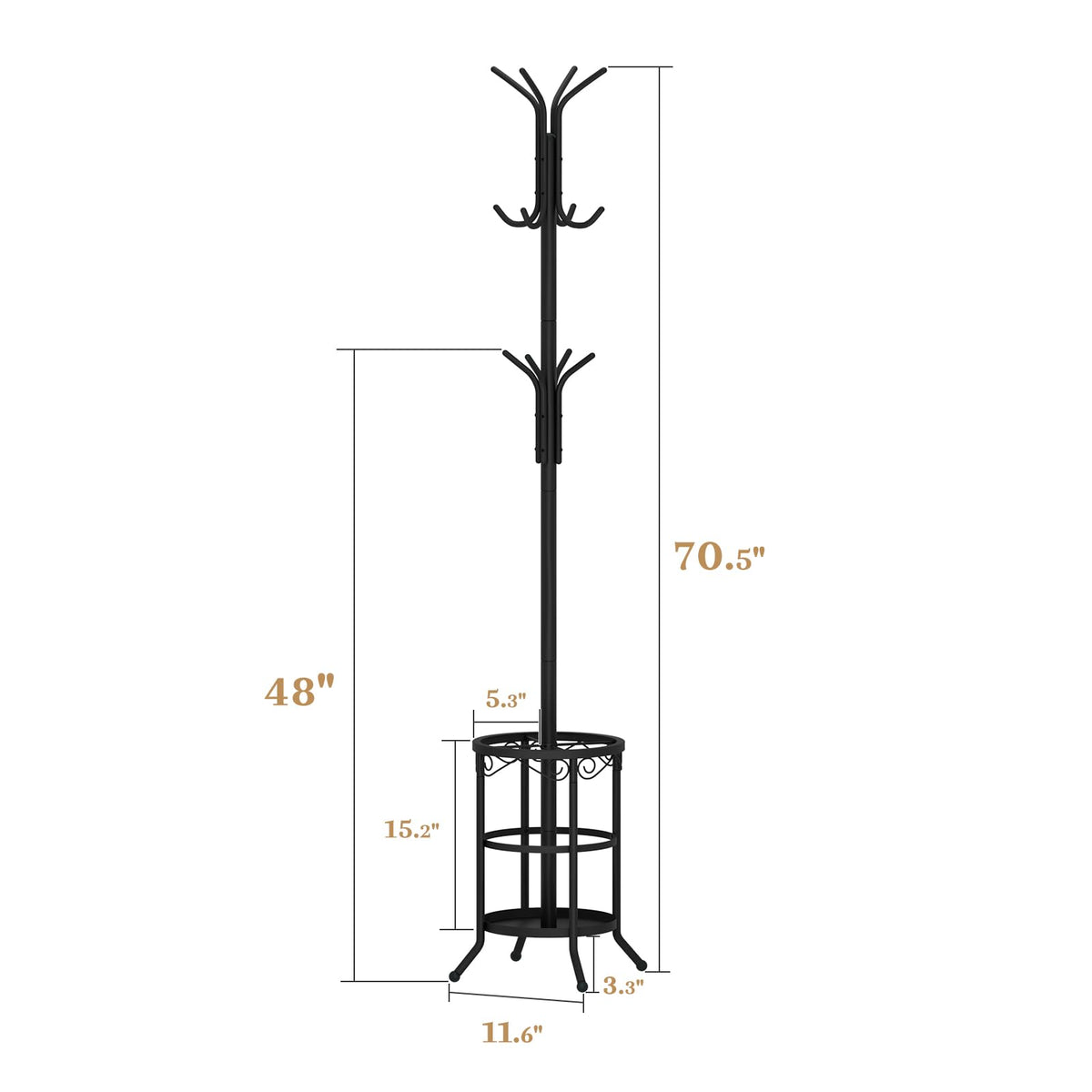 Black Metal Hall Tree with 12 Hooks and Umbrella Tray