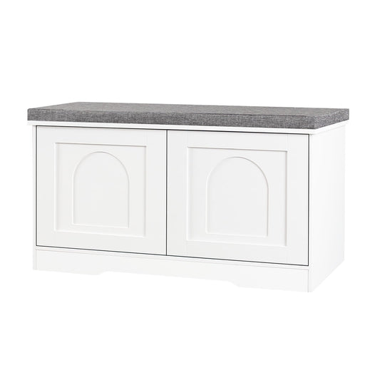 Compact Shoe Storage Bench with Cushion, 31.5 Inch, White, Push Doors