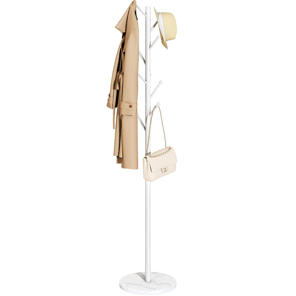 White Metal Coat Rack with Natural Marble Base, 8 Hooks