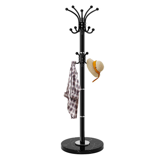 Rotating Coat Stand with Marble Base, 16 Hooks, Black Steel