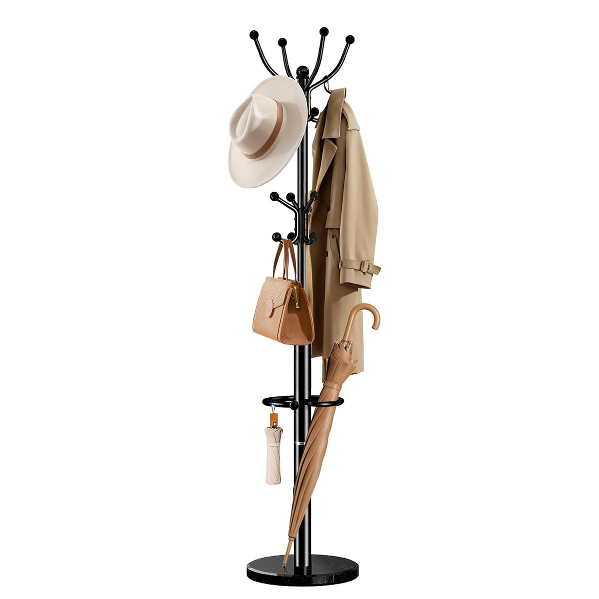 Black Metal Coat Rack with Marble Base, 16 Hooks and Umbrella Holder