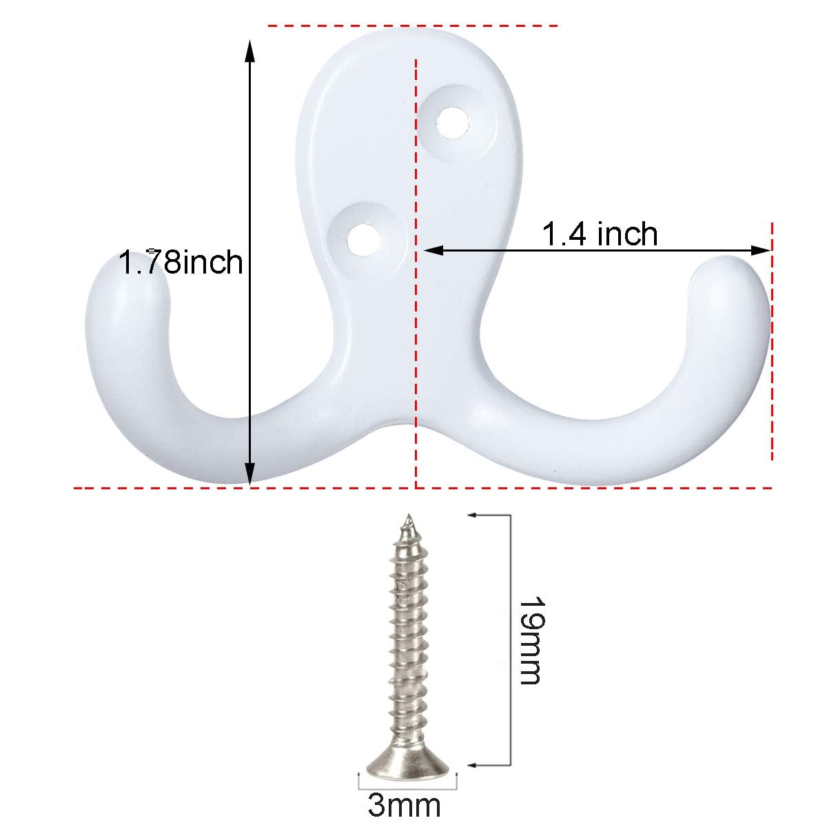 White Double Prong Coat Hooks, 28 Pack with 56 Screws