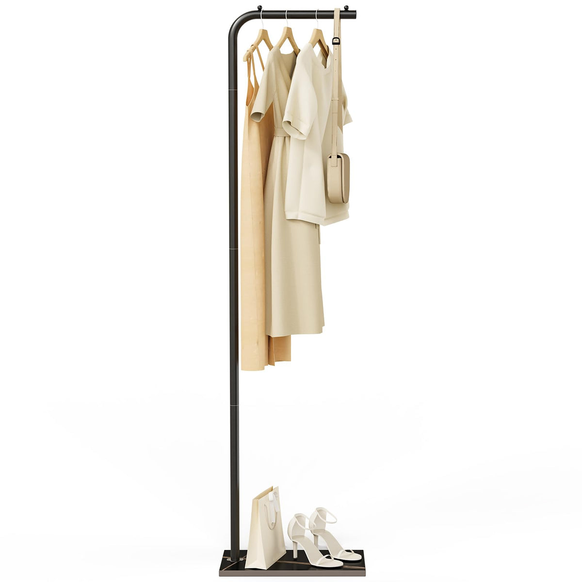 L Shaped Coat Stand with Stone Base, 70.8 Inch, Black
