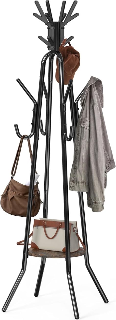 Standing Coat Rack with 20 Hooks and Shelf, 74 Inch, Black and Brown