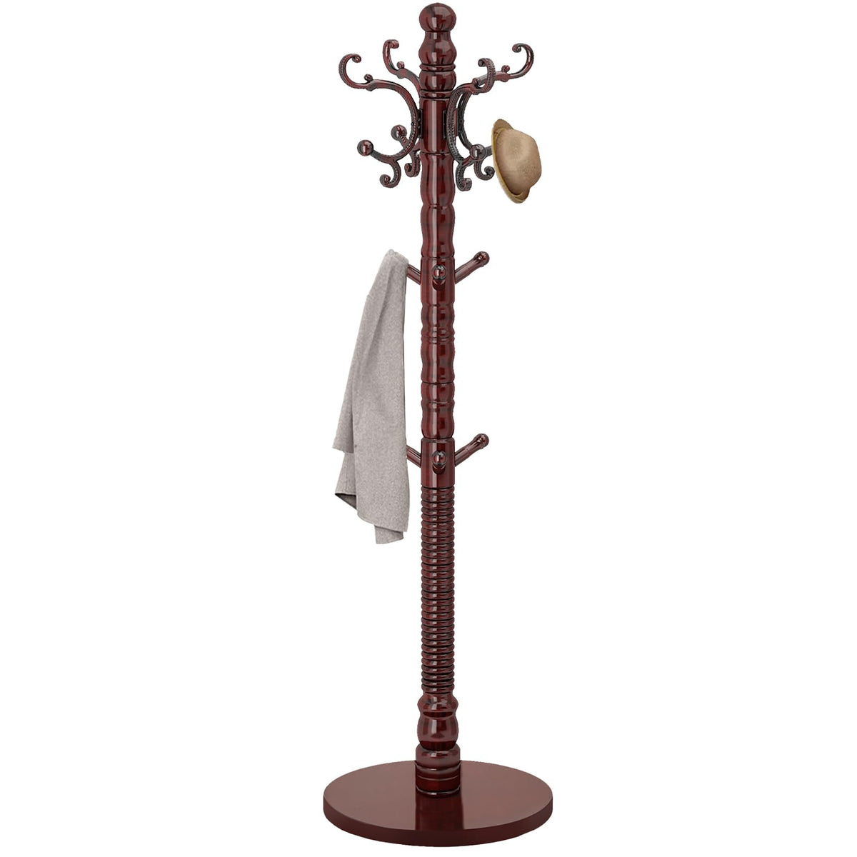 Solid Birch Coat Tree with 14 Hooks, Adjustable 4 Section Pole