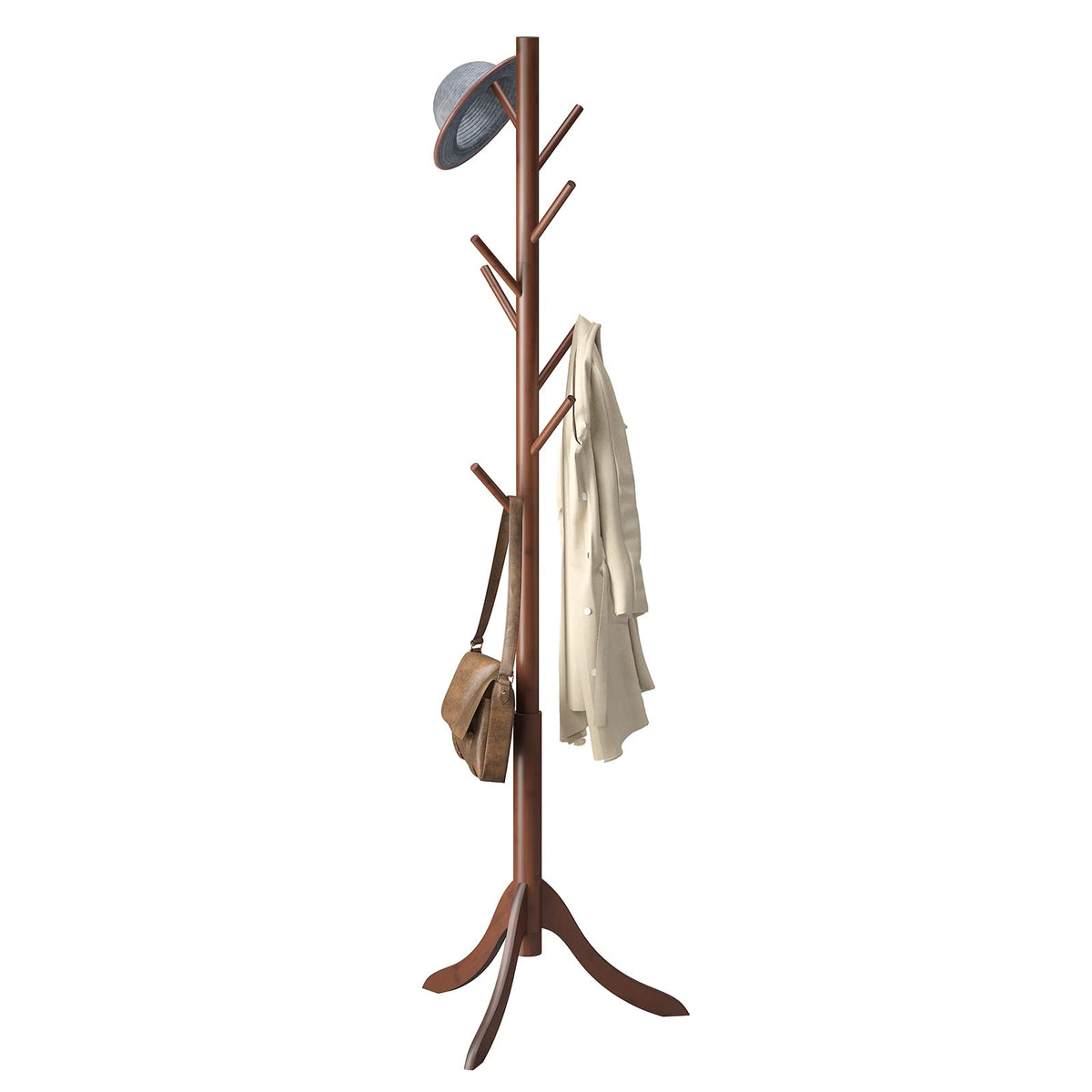 Bamboo Coat Rack Stand with 8 Hooks, 3 Height Options, Brown