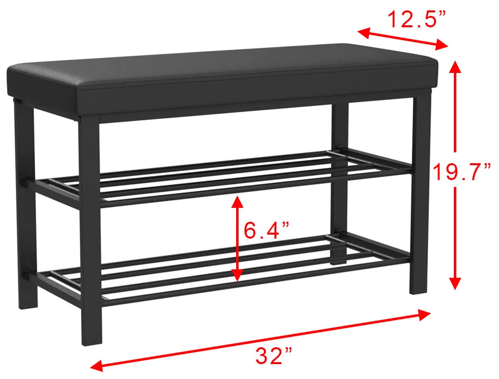 2 Shelf Metal Shoe Bench with Faux Leather Cushion, 32 Inch, Black