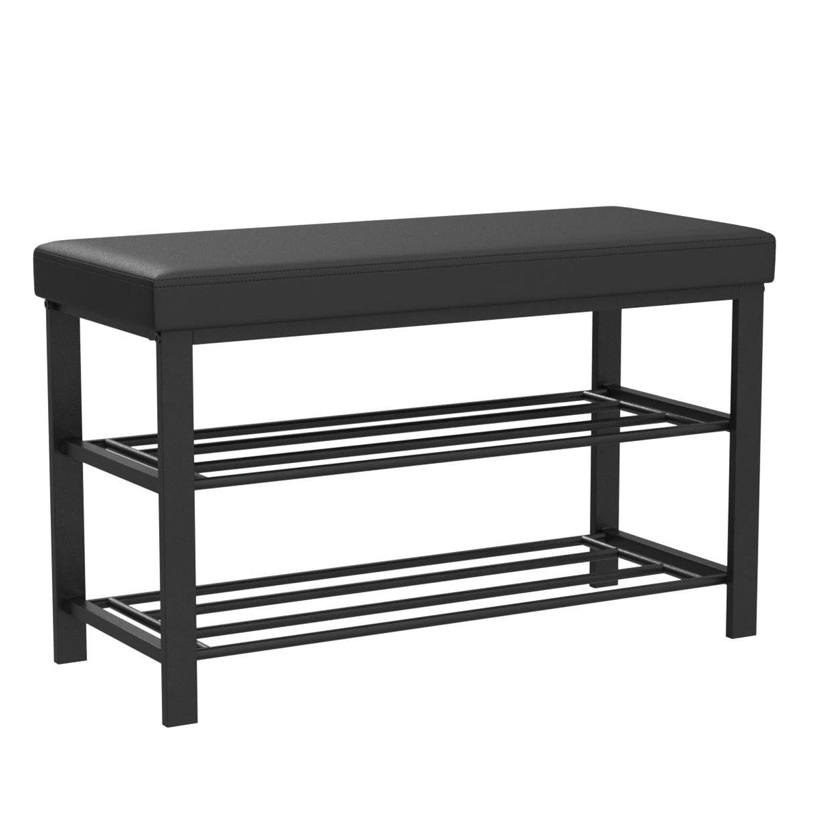 2 Shelf Metal Shoe Bench with Faux Leather Cushion, 32 Inch, Black