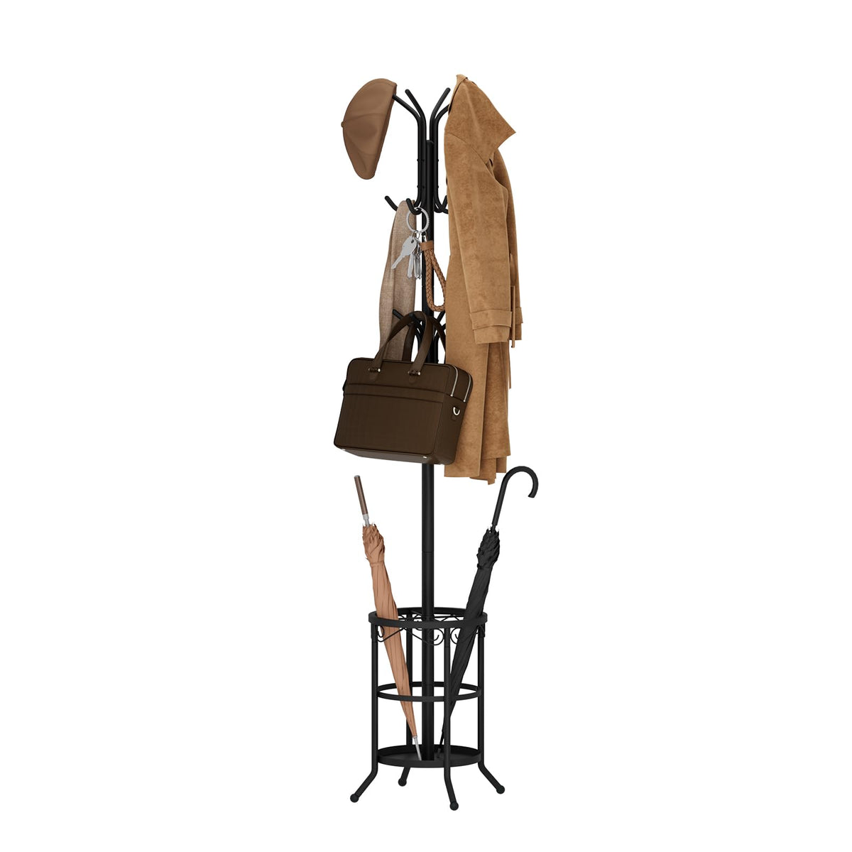 Black Metal Hall Tree with 12 Hooks and Umbrella Tray